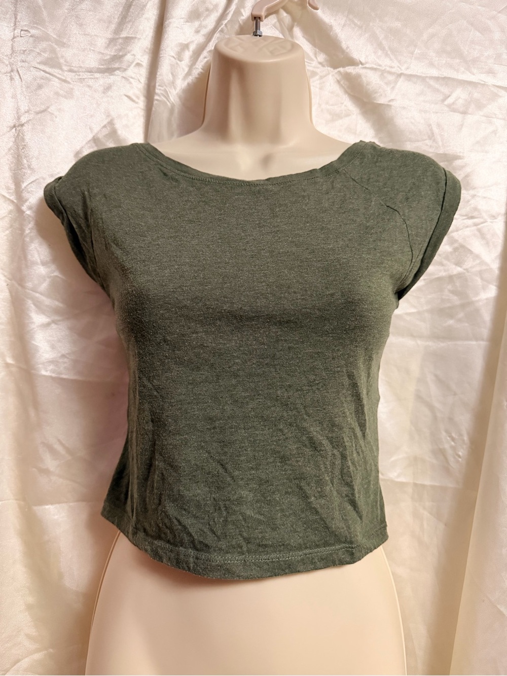Olive Green Cropped Tee with Rolled Short Sleeves